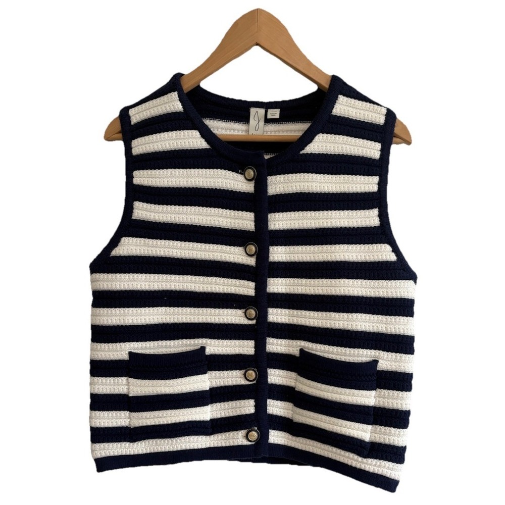 Joie Costal Grandma-core Sweater Vest Navy White Chic Gold Button textured Knit